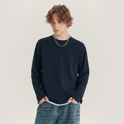 Men's Long-sleeved T-shirt Loose Round Neck Contrast Color Top